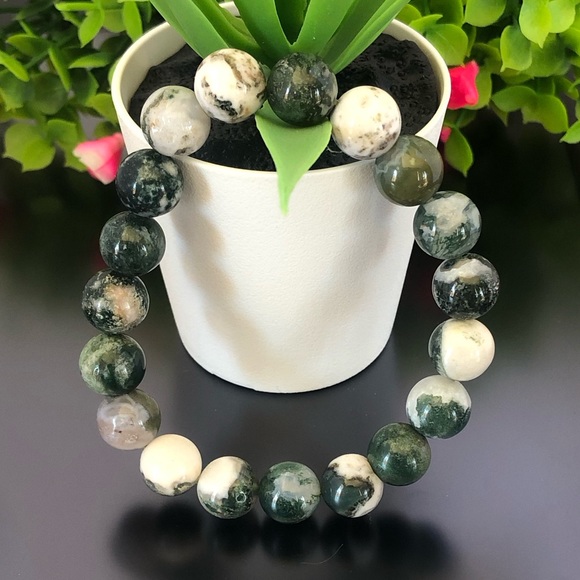 Tree Agate 10mm Natural Stone Beads Stretchable Bracelet - Picture 2 of 2